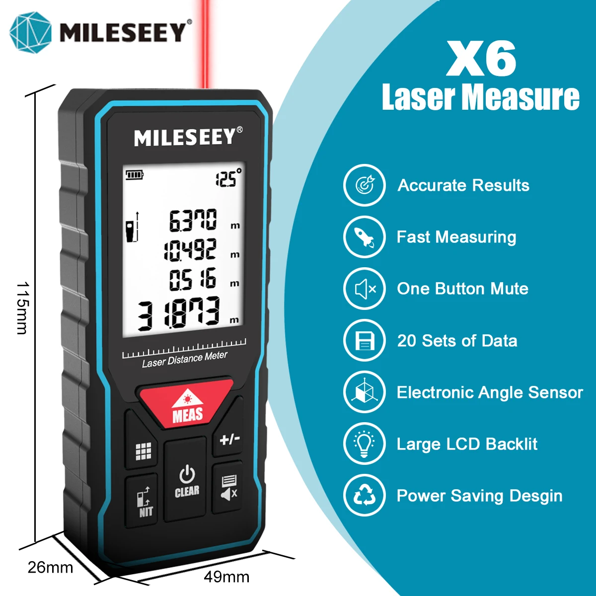 MILESEEY X6 Taśma miernicza laserowa 40M 60M 80M 100M, profesjonalny dalmierz z wyświetlaczem kąta do majsterkowania, dekoracji, budowy