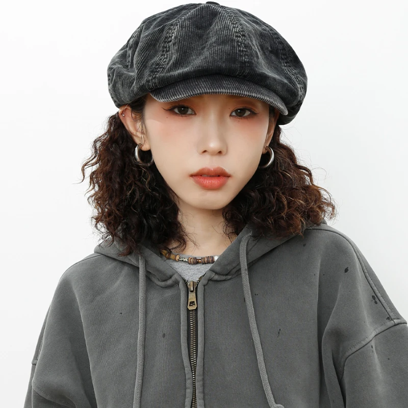 Y2K Big Winter Retro Corduroy Cloud Octagonal Hats for Women Autumn Winter Fashion Warm Literary Newsboy Cap Beret