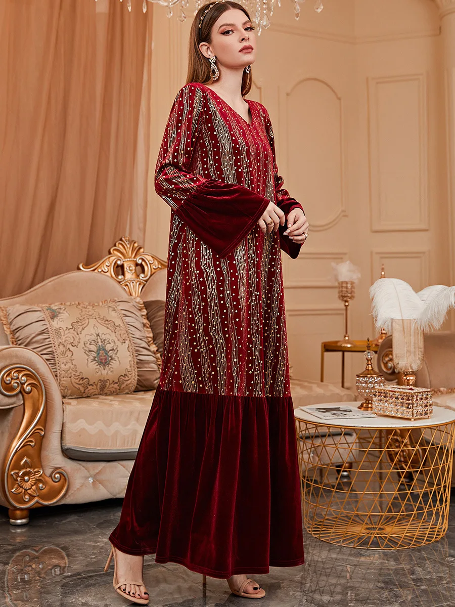 Bronzing Printed Embroidered Caftan Leisure Gold Velvet Arab Women Abaya Muslim Dress Islamic Clothing Waist Dress Belt