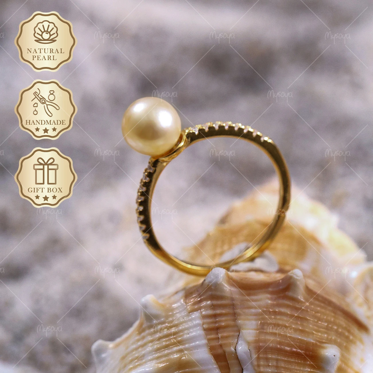 MYSOYA Akoya Pearl Open Ring 7-7.5mm Simple Gold Ring, Gift Box, Birthday Jewelry for Women S308