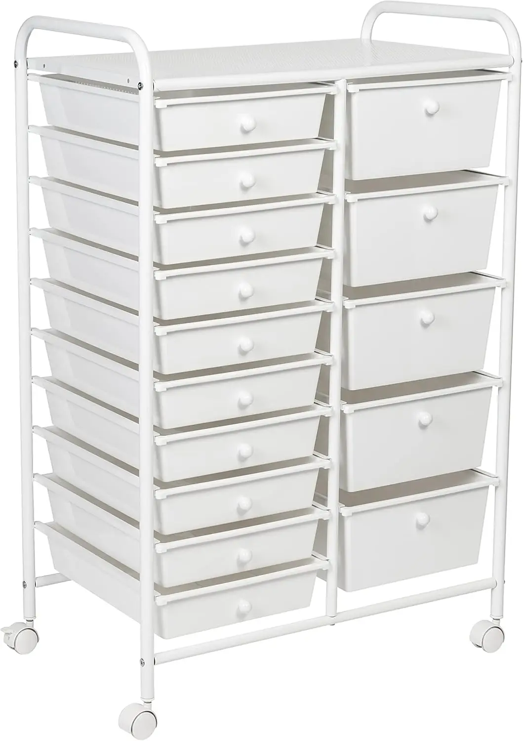 

15-Drawer Metal Rolling Storage Cart White Organize Across 10 Small and 5 Large White Drawers with White Knobs