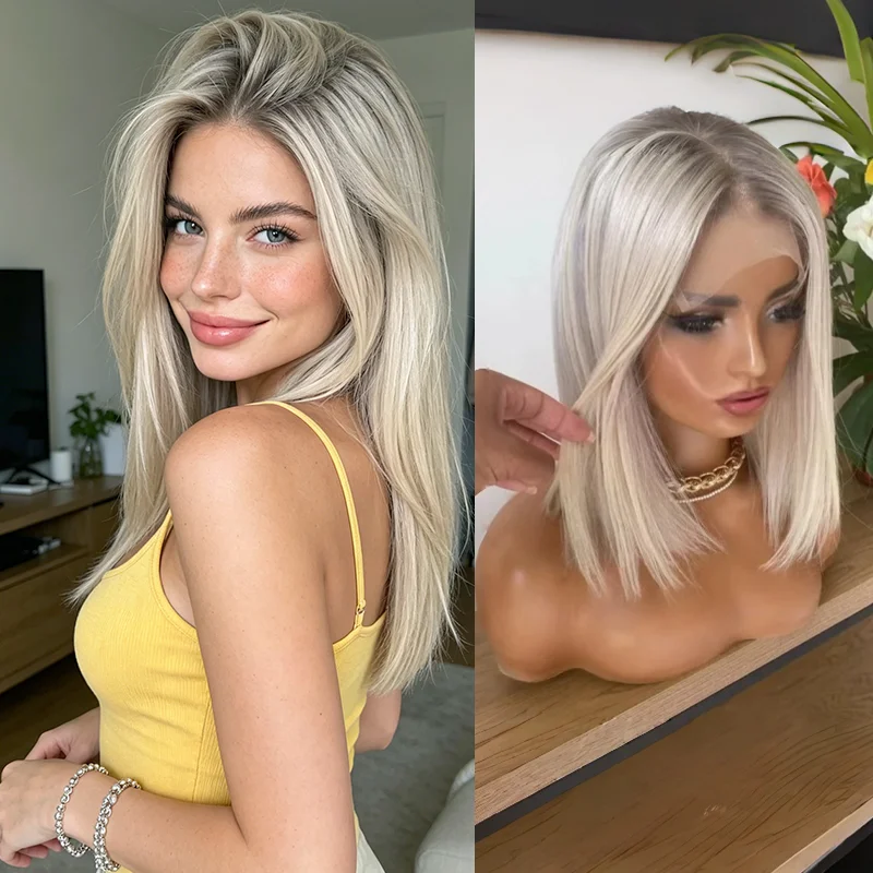 Platinblonde 13x4 Lace-Front-Perücke für Damen, klebefreie Cosplay-Perücke für Mädchen, hitzebeständige synthetische Bob-Perücke mit Ansatz, glatt