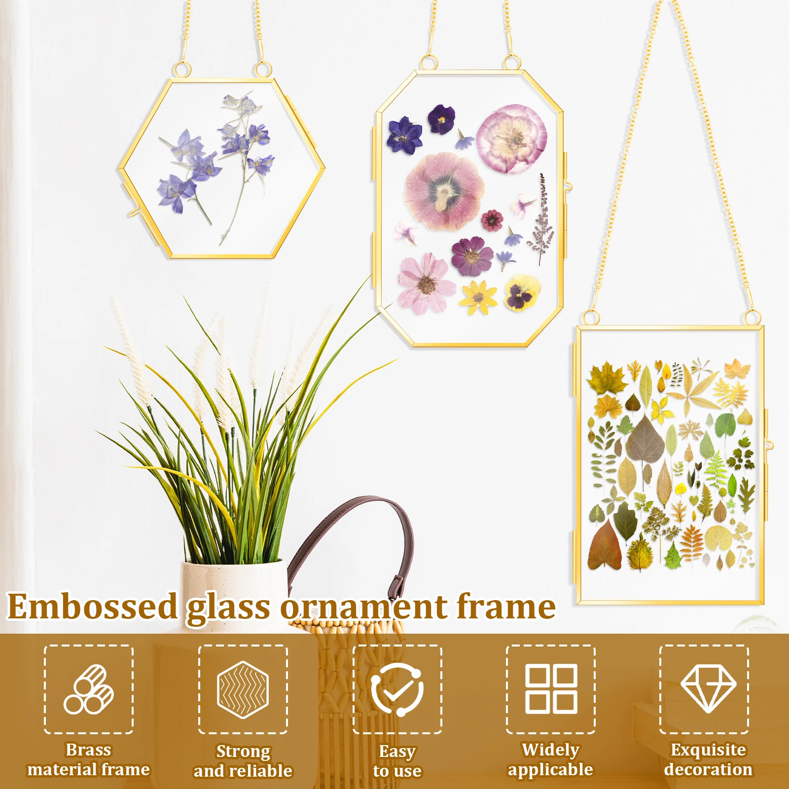 3pcs embossed flower frames with tweezers hanging glass frame with metal chain golden double-layer glass frame elegantly hanging