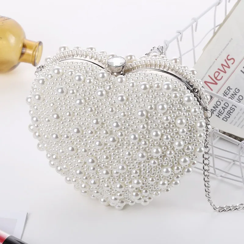 Bolso de mano con perlas para mujer, bolso de diseñador de lujo con forma de corazón, bolsos de noche con cadena, bolso de mano a la moda para fiesta de boda