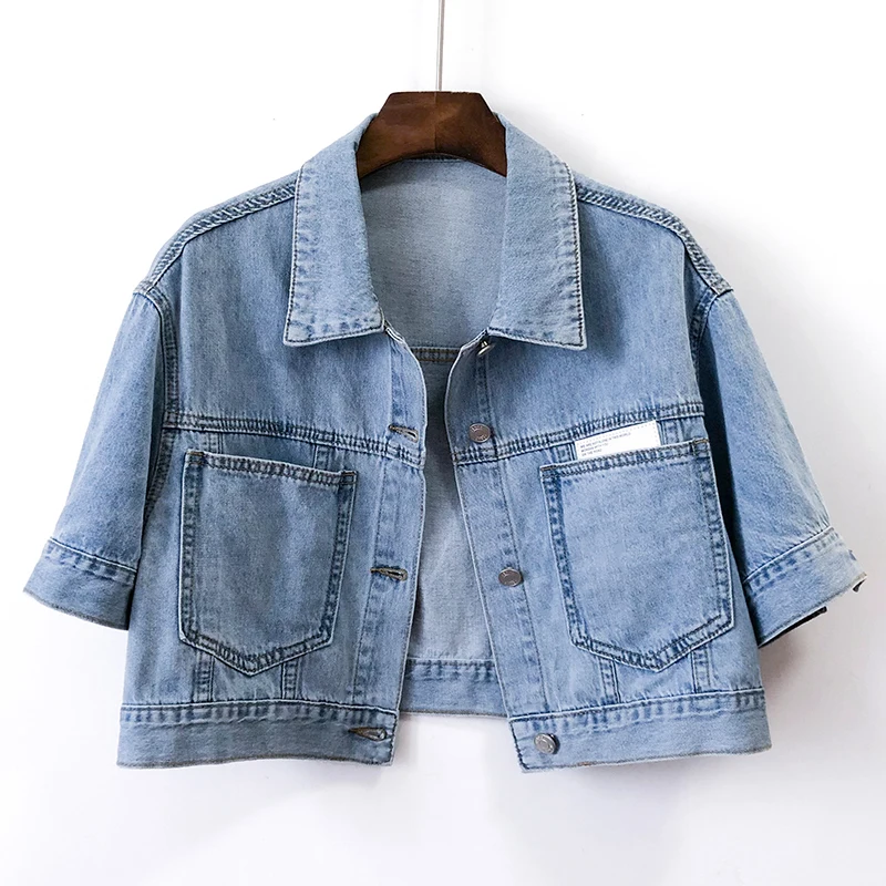 

Летняя тонкая светло-голубая джинсовая куртка, пальто, женская корейская свободная короткая ковбойская верхняя одежда, джинсовые куртки с короткими рукавами и большими карманами, женские куртки