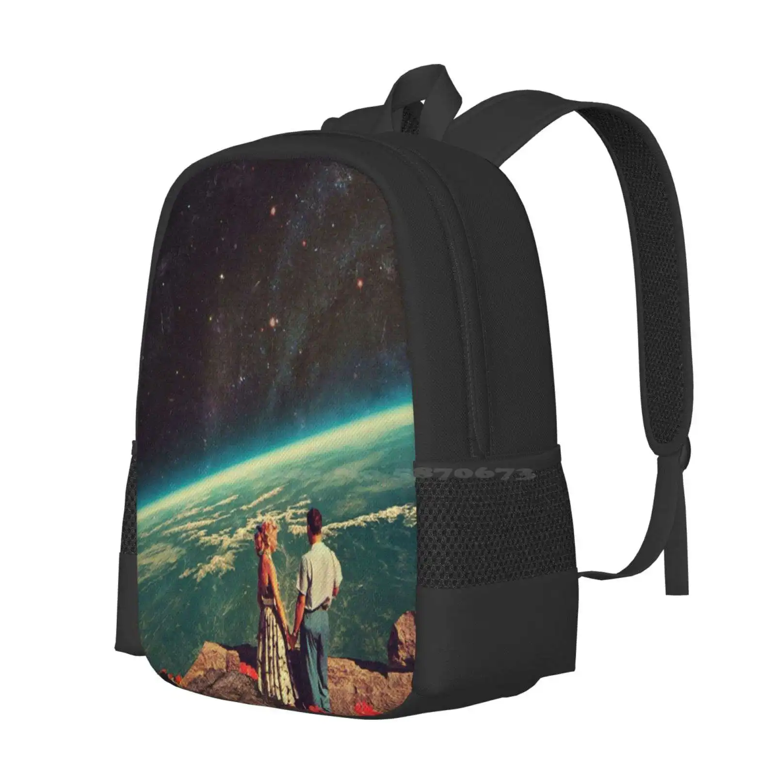 Love 3D Print Design Backpack Student Bag Frank Moth Vintage Digital Collage Couple Together Love Stars Sci Fi Earth Planets