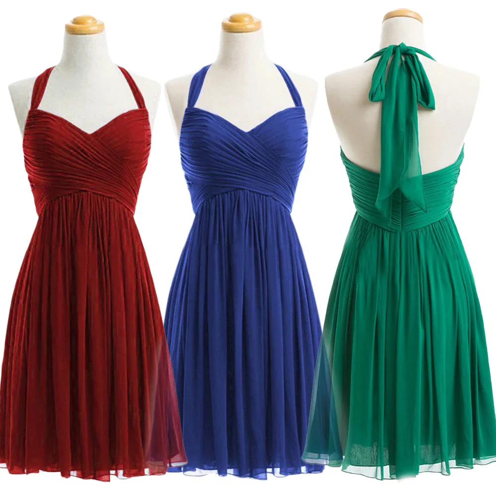 

Шифоновое платье А-силуэта длиной до колен с вырезом «сердечко» и бретелью через шею для подружек невесты, вечерних мероприятий, коктейлей, свадеб, выпускных и дней рождения, с застежкой-молнией сзади