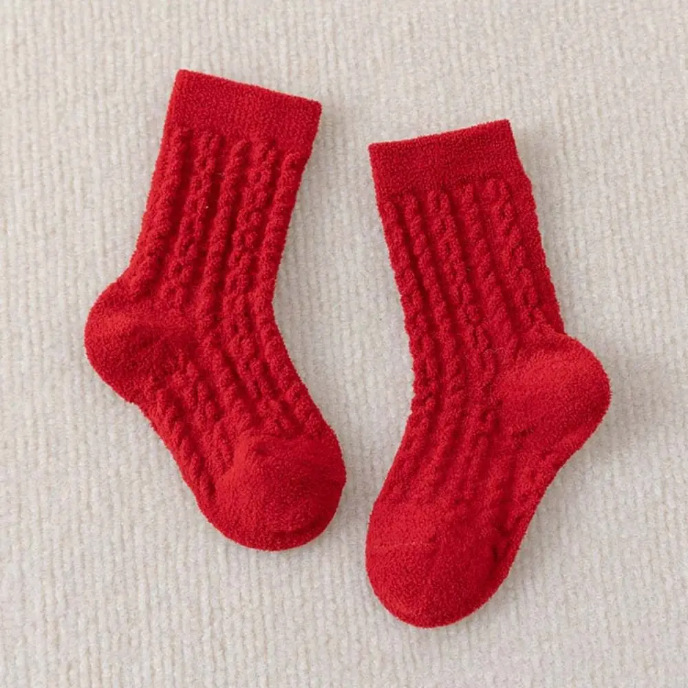 

5Paits Cotton New Year Red Socks Stripe Thicken Warm Baby Plush Red Socks Floor Socks Infant Hosiery Toddle Tube Socks Winter