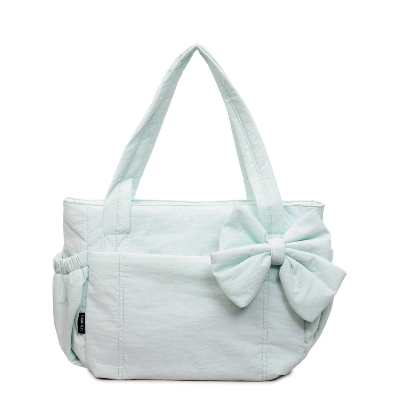 

Fresh and simple quilted bow shoulder bag for women, solid color versatile casual tote bag, lightweight commuter laptop handbag