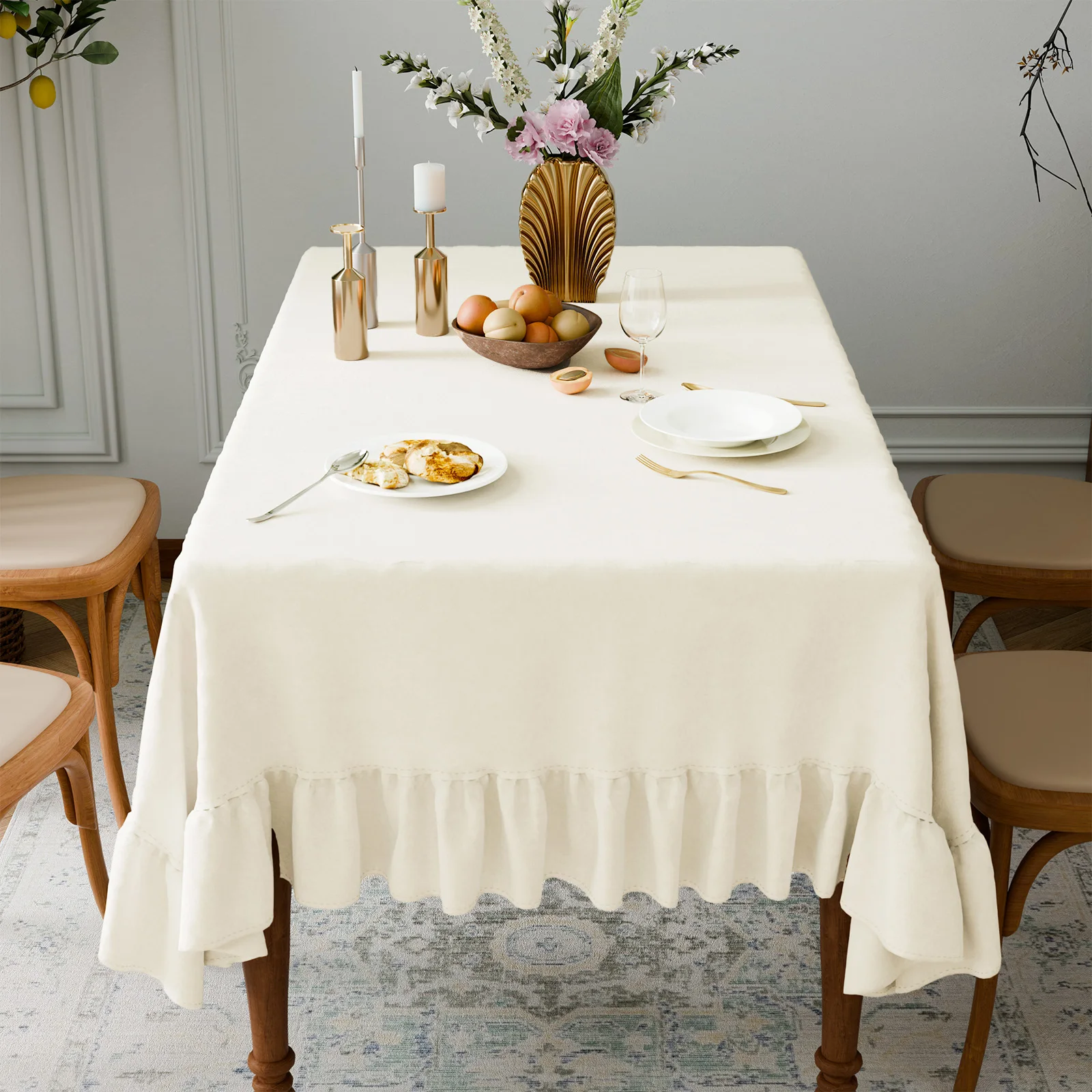 Rechteckige Tischdecke, waschbar, Vintage-Stil, Rüschenbesatz, Tischdecke für Boho-Hochzeit, Tischplatte, Brautparty, Geburtstag, Party-Dekoration
