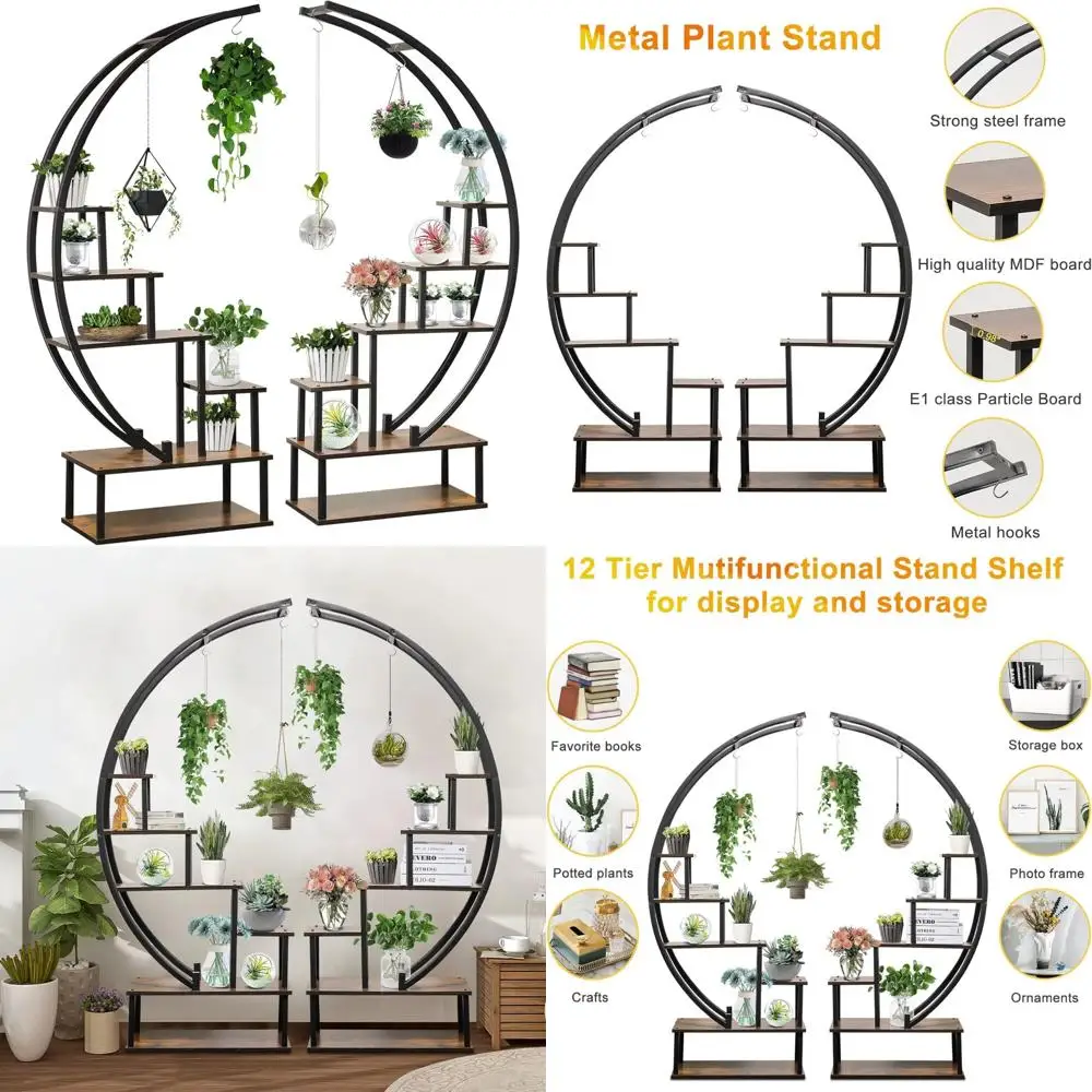 

Half Moon Curved Metal Plant Stand, Multi-Purpose Hanging Indoor Display Shelf for Plants