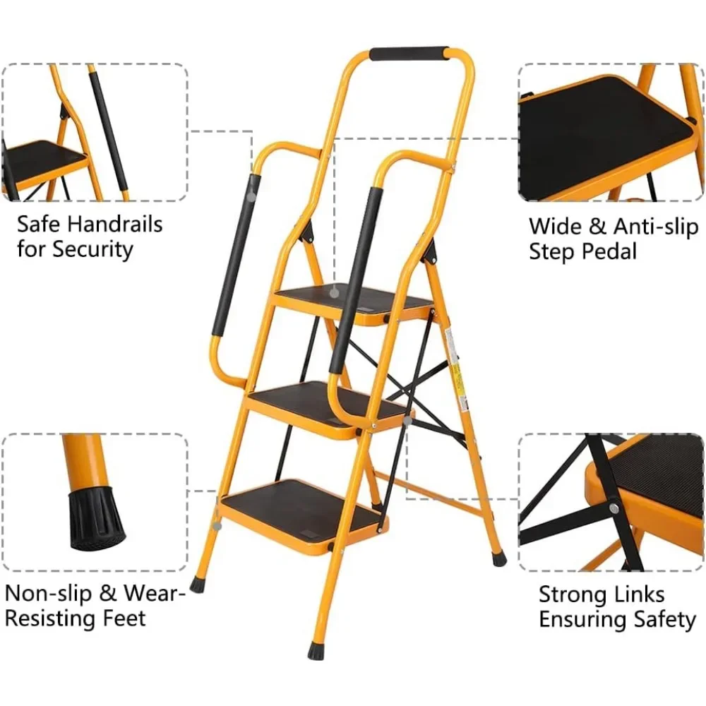 Трехступенчатая лестница с поручнями, складной ступенчатый табурет весом 500 фунтов С нескользящими боковыми подлокотниками и большой педалью, многофункциональная для домашней кухни