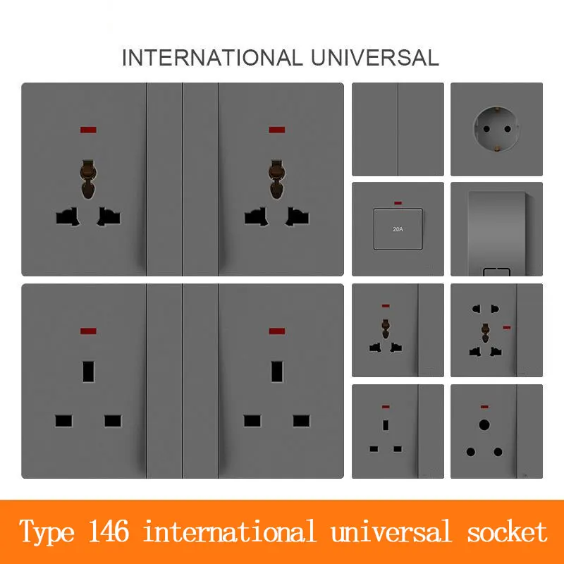 146 Universal Socket Skin-Finish Grey Switch British 3 Hole Plug with USB Type-C Fast Charging Wall Socket with Indicator Light