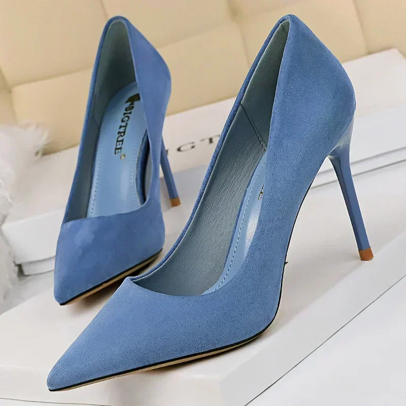 Women 9cm High Heels Daily Party Colorful Suede Pumps Female Scarpins Stiletto Evening Banquet Red Yellow Shoes Plus Size 34-43