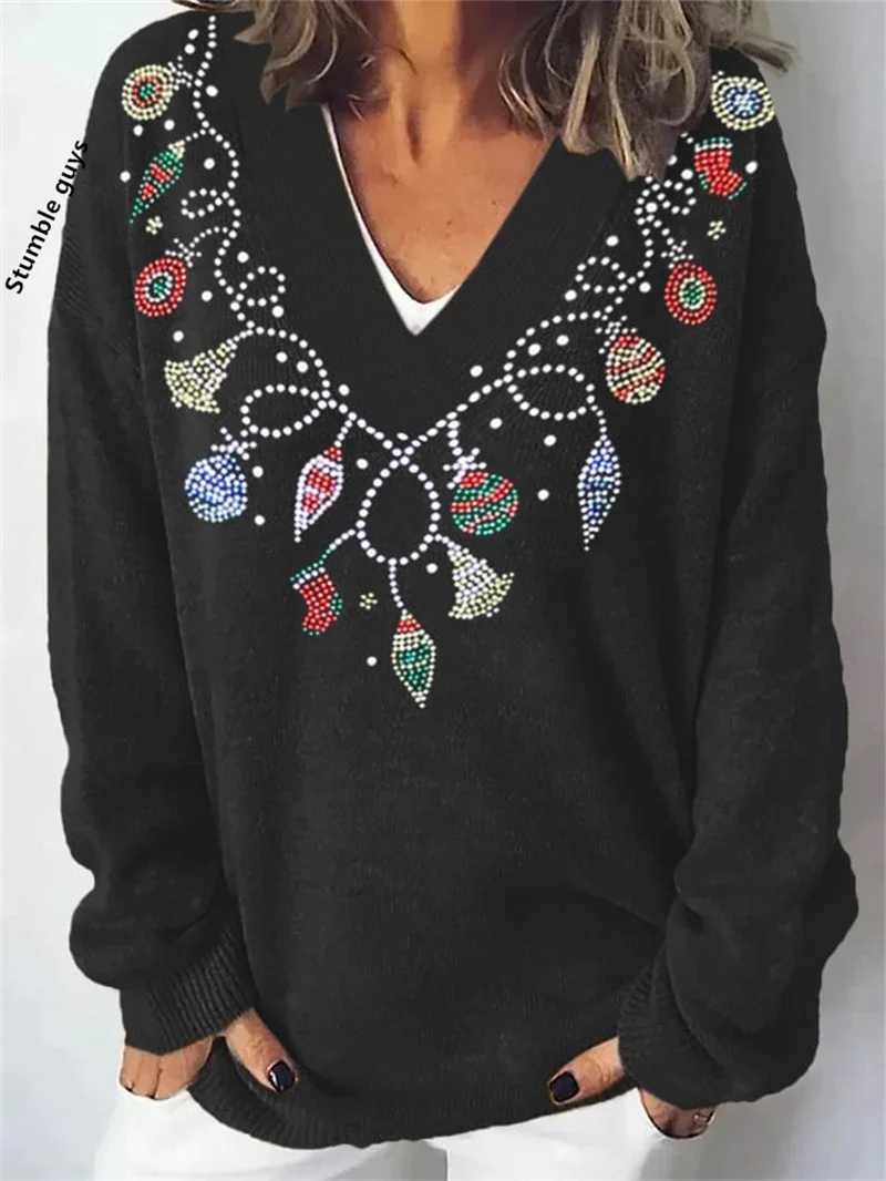 Autumn Winter Sweater Women's Casual Fashion Y2K Retro European American Soft Christmas Deer Dog Snowman Print Knit Top​