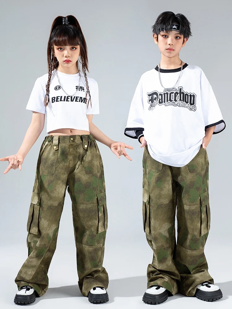 2024 Kids Jazz Dance Costume Girls White Tops Loose Camouflage Pants Boys Hip Hop Poppin Dance Clothes Performance Wear BL13266