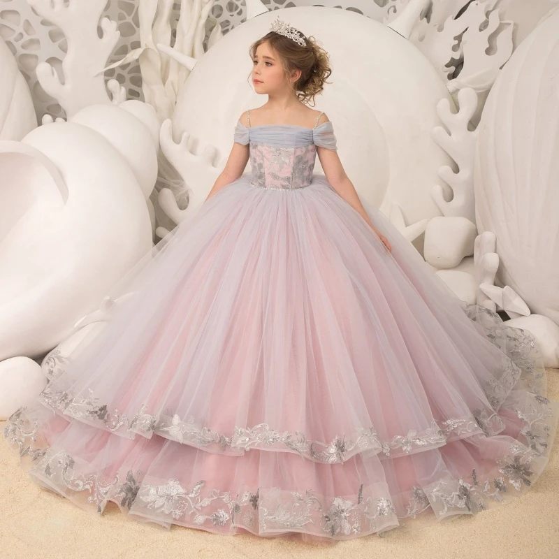 

Flower Girl Dresses Light Purple Tulle Puffy With Patterned Appliques Off Shoulder For Wedding Birthday Banquet Princess Gowns