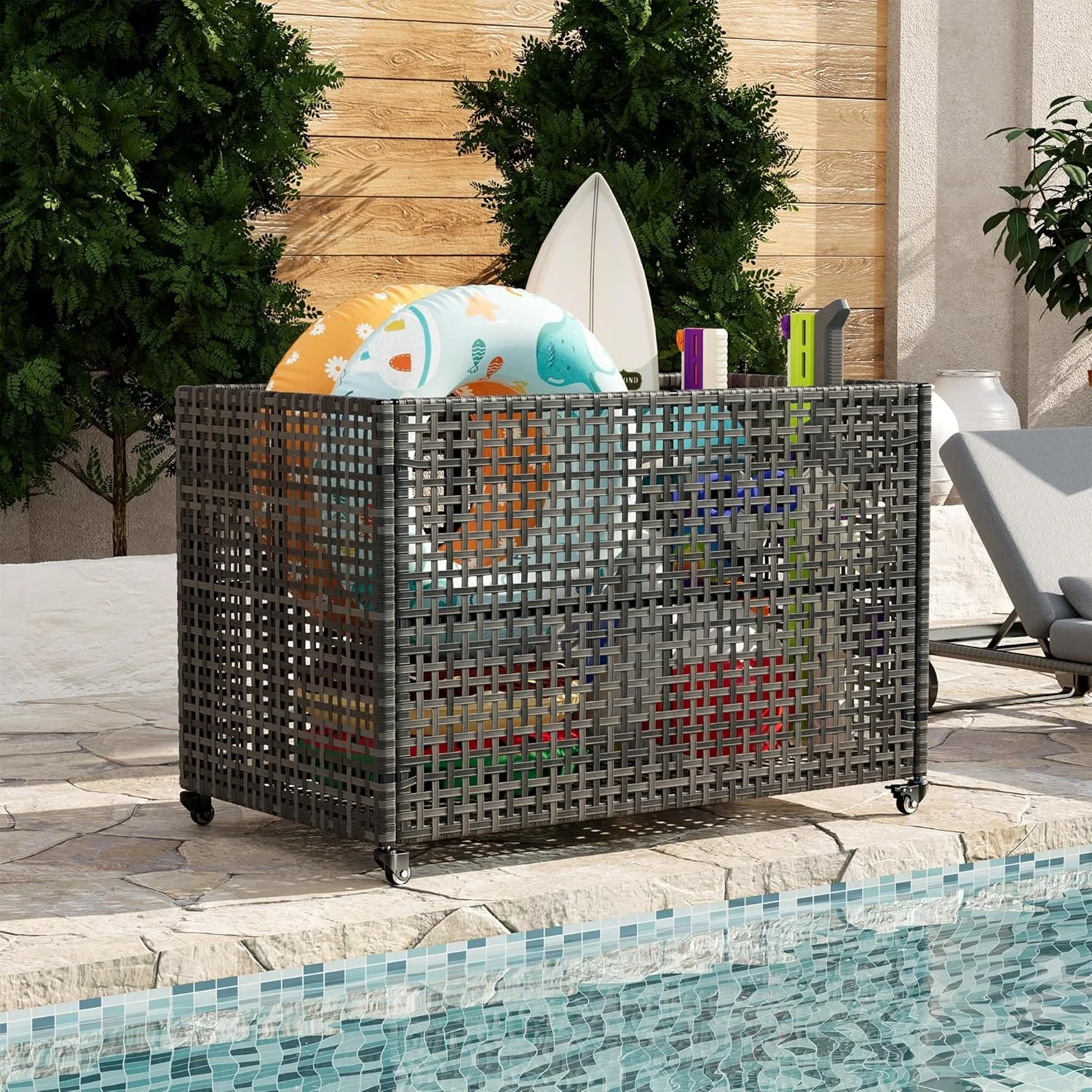 

Pool Float Storage Organizer with Wheels, Large Outdoor Mesh Rolling Cart for Pool Noodles, Toys, Floats, Equipment, Heavy-Duty Pool Storage Bin with Locking Casters