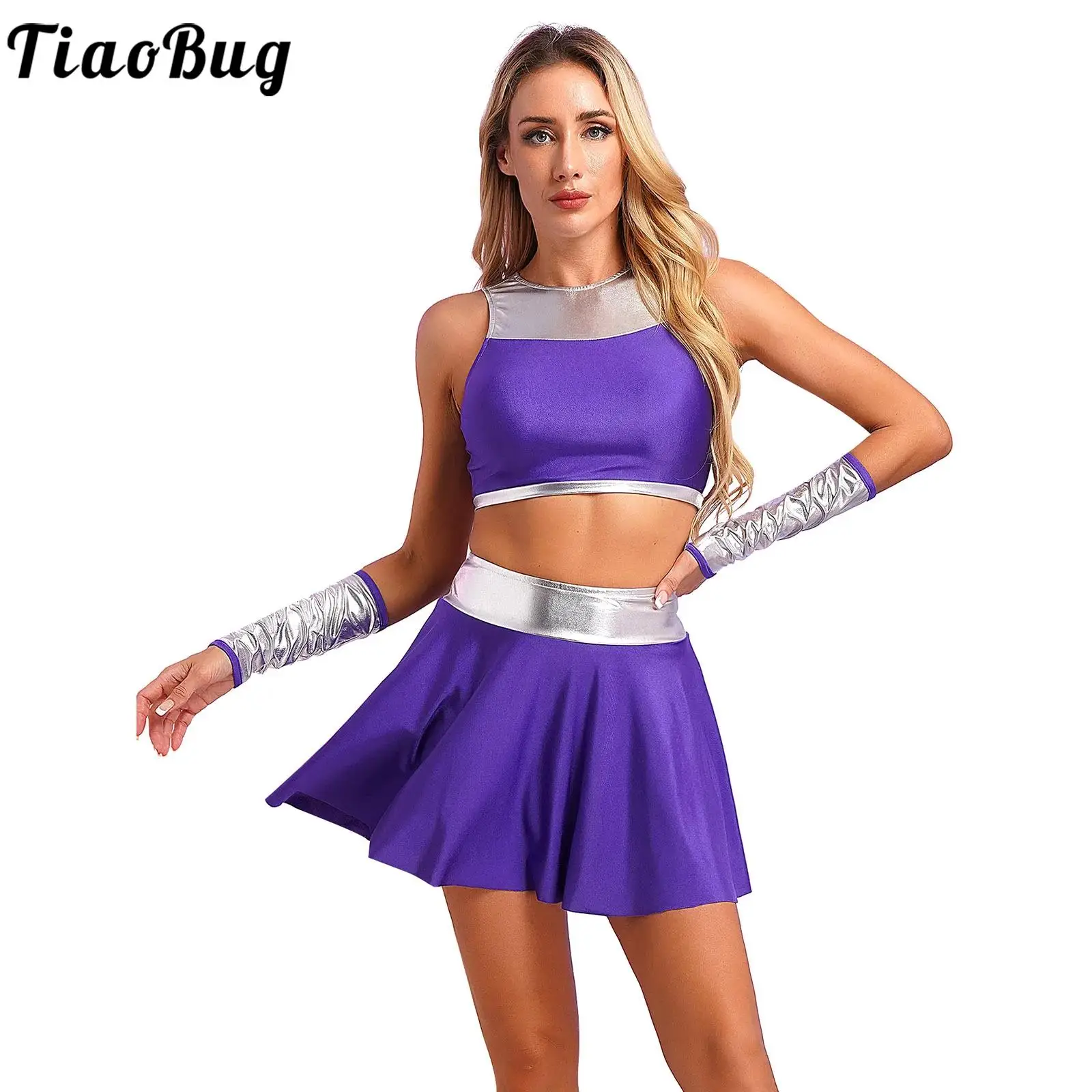 

Purple Women Halloween Princess Cosplay Costumes 3Pcs Anime Outfits Crop Tops with Miniskirts And Gloves Cheerleading Uniform