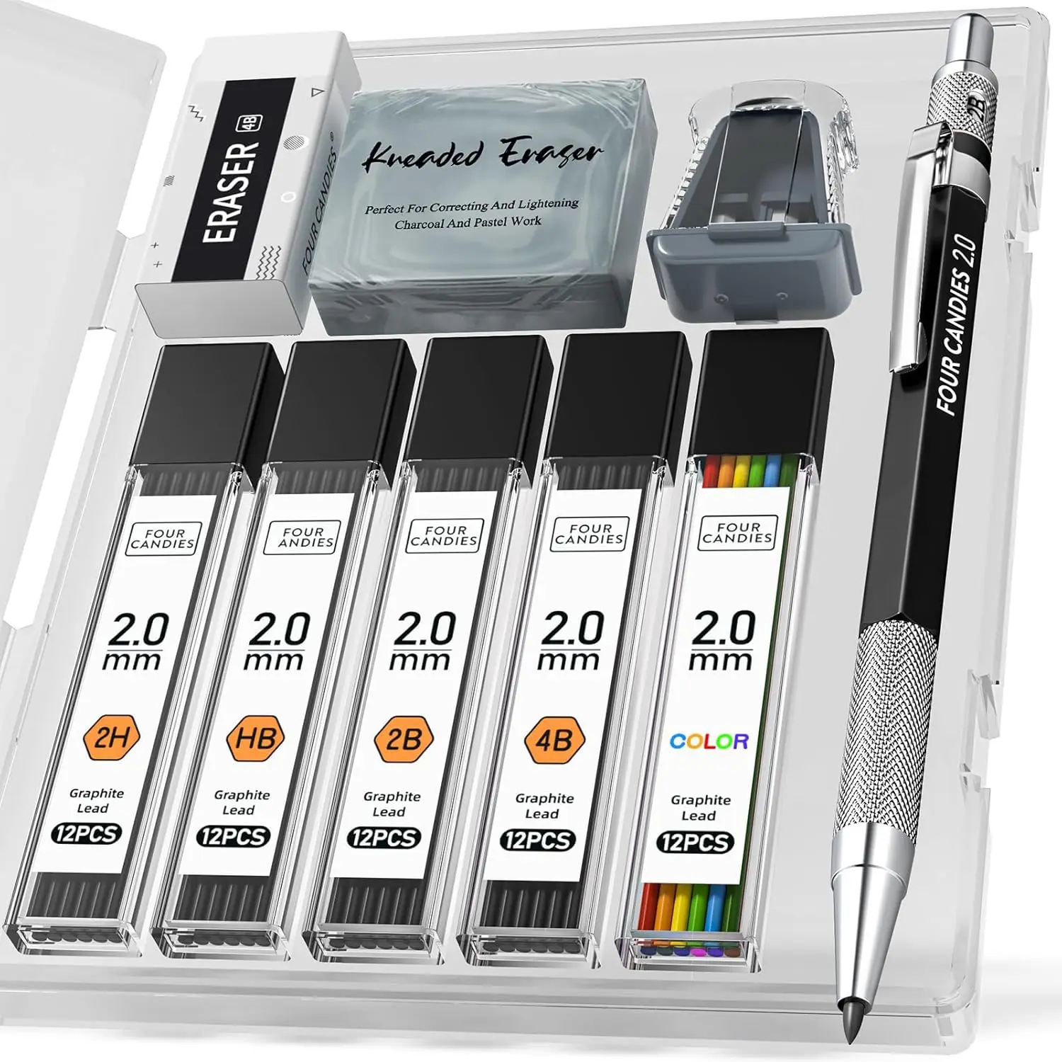 

2mm Mechanical Pencil Set with 60 Refills, HB/2H/2B/4B/Color, Metal Grip, Kneaded Eraser & Sharpener, for Drawing Sketching