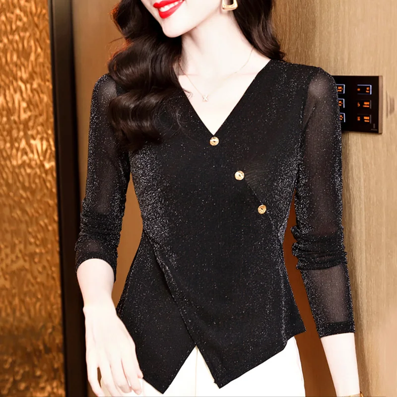 New 2025 Autumn Winter Long Sleeved V-Neck Women Mesh Tops Elegant Slim Cross Solid Color T-Shirt