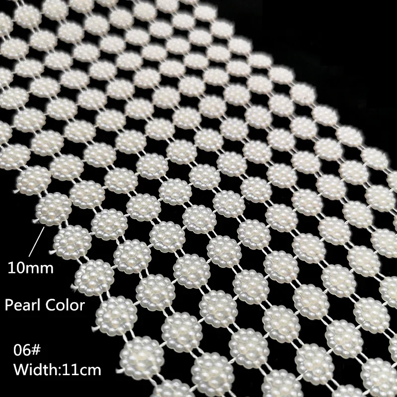 1 yard Pearl Beads Chain Mesh Base Rhinestone  Sew On Trims Wedding Dress Costume Applique