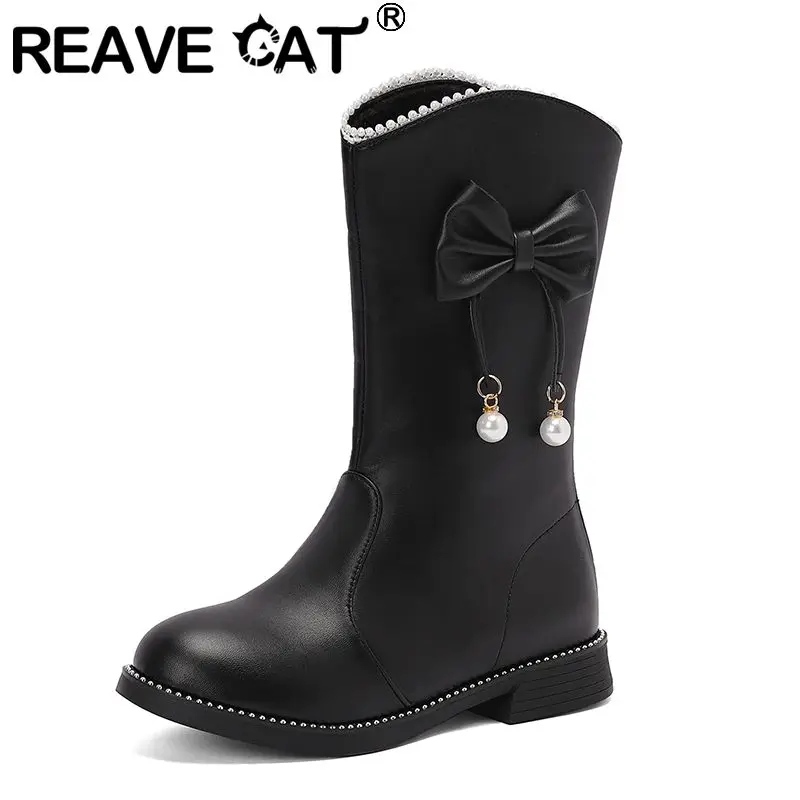 REAVE CAT Sweet Girls Mid Calf Boots Round Toe Heels 2.5cm Slip On Bowknot  Small Size 31 32 33 Princess School Bota Pink