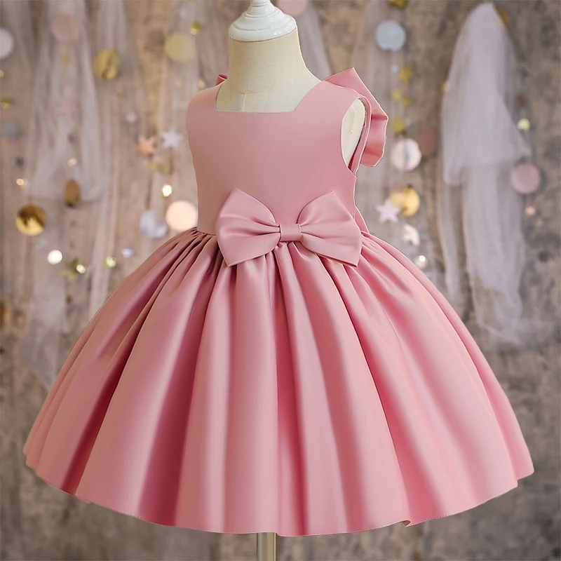 Big Bow Sweet Baby Girls Dress Solid Elegant Toddler Kids Christening Birthday Vestidos Weddings Party Kids Girls Princess Dress