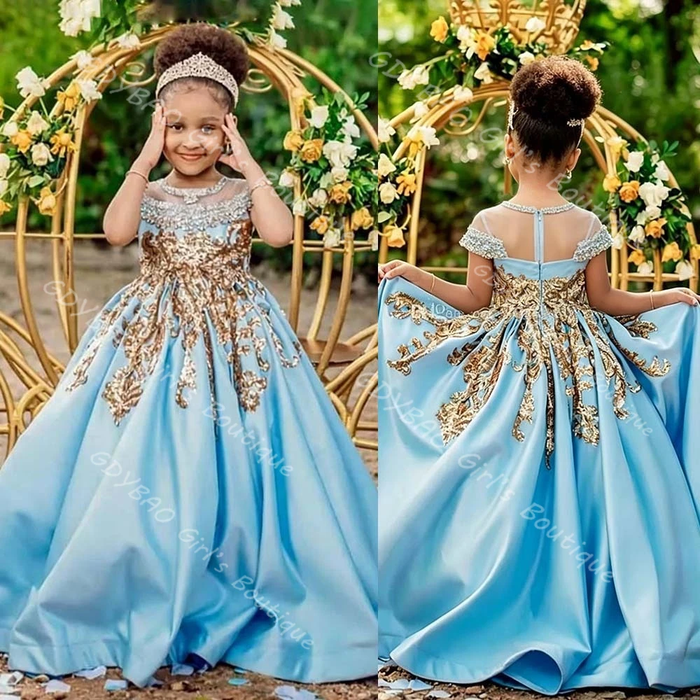 

Customized Flower Girls Dress For Weddings Kids Gold Beaded Appliques Satin Birthday Pageant Gown Sheer Neck Party Ball Gown