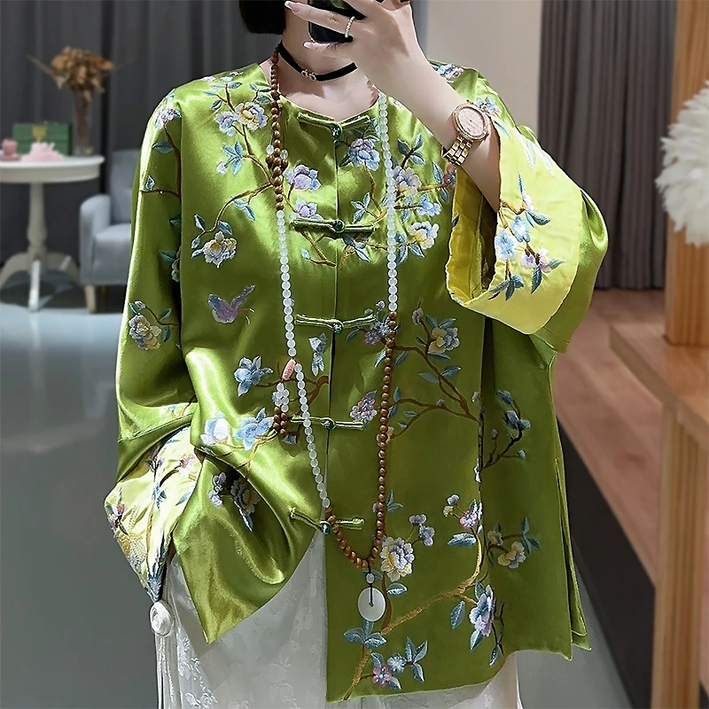 High-end Satin Acetate Women Jacket Top Embroidery Painting of Flowers and Birds Tang Suit Elegant Lady Loose Coat Female S-XXL