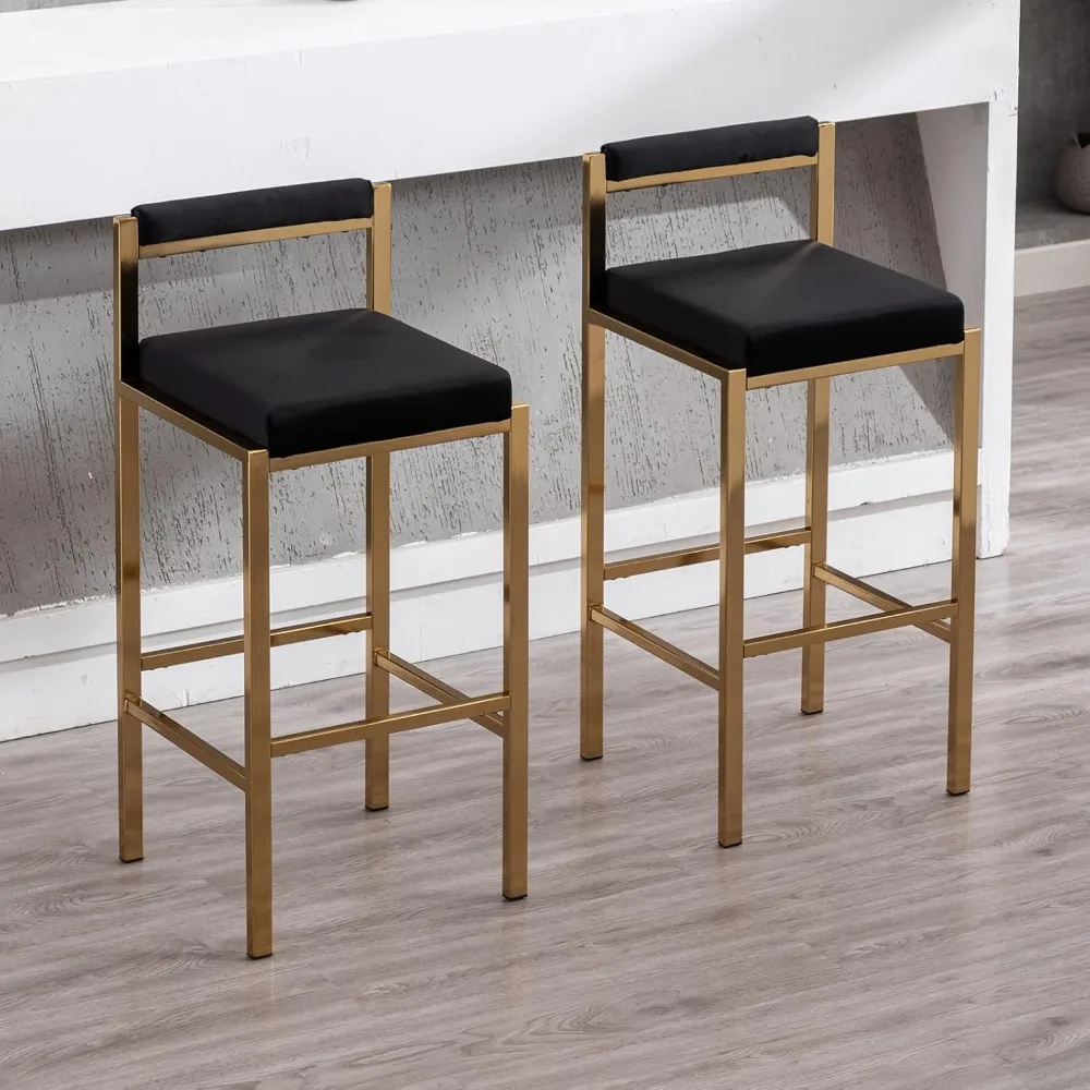 مجموعة مقاعد بار سوداء مخملية مقاس 30 بوصة مكونة من قطعتين، كراسي طعام عالية لجزيرة المطبخ الذهبية المنجدة الحديثة مع مساند للقدمين #1