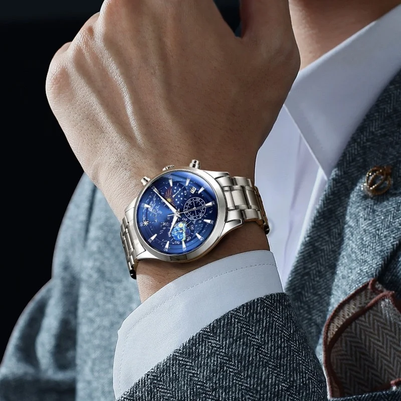 Men Luxury Starry Sky Stainless Steel Chronograph Watch Sun Moon Earth Dial Luminous Waterproof Quartz Business Sport Male Wrist