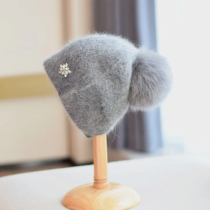 2023 neue Luxus Strass Beanie Hüte Frauen Winter Mode Warme Echt Kaninchen Fell Stricken Hüte Erwachsene Ohr Schutz Abdeckung Kopf kappe – Detail 32