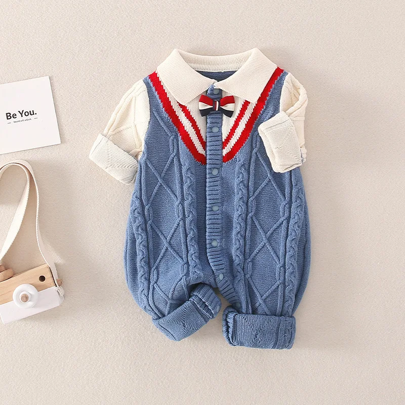 

UNITIM Kids Baby Boys Rompers Turn Down Collar Knitting Toddler Girls Jumpsuits Spring Striped Newborn Boys Bodysuits Onesie