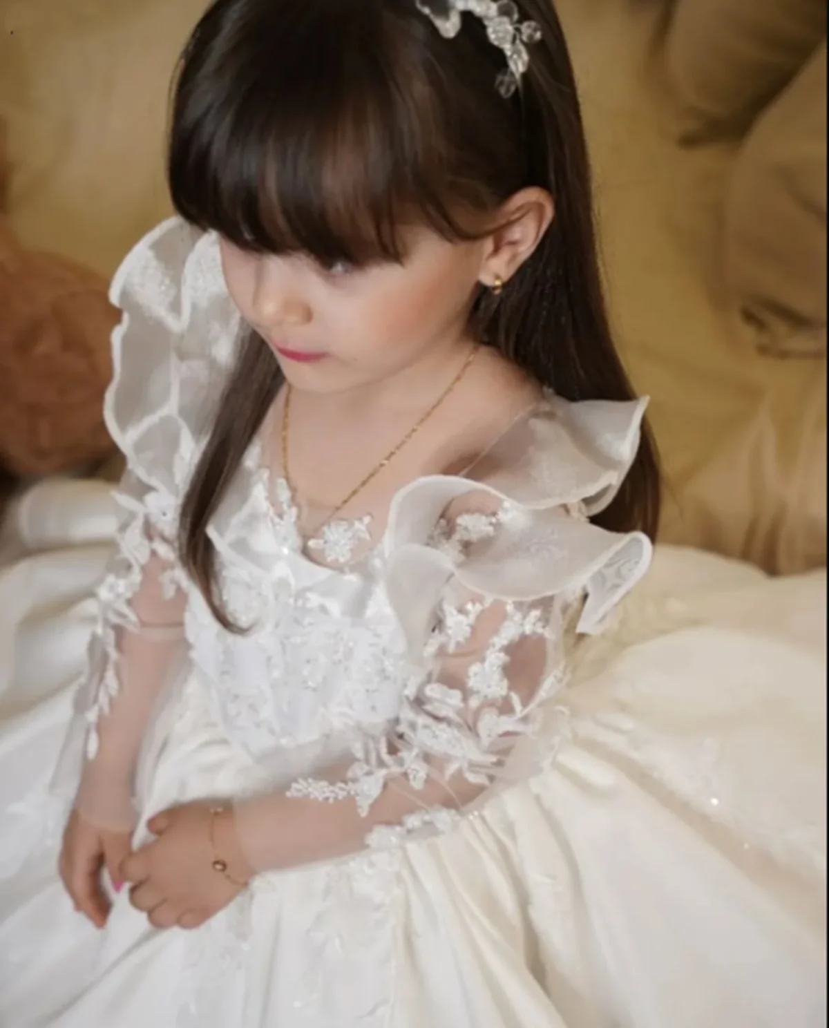 Lvory Tulle Girl Flowers Dresses Appliques O Neck Puff Short Sleeves A Line Birthday Party Dress Princess Kid Customized