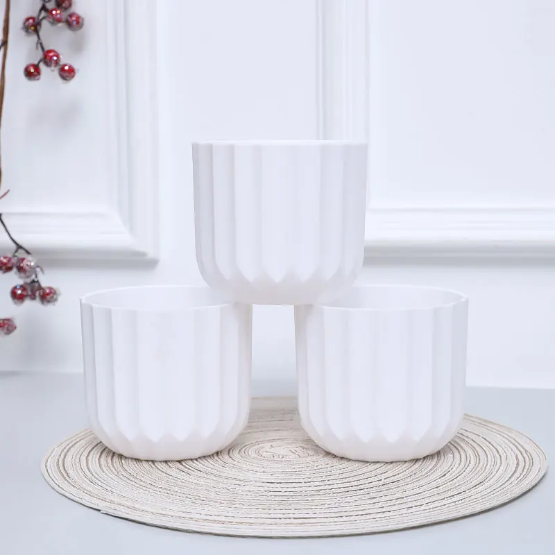 3PCS 10.5X9.5CM(H) Vertical Striped Round Flowerpot - White Texture Clear Suitable For Room Living Room Balcony Hotel Front Room