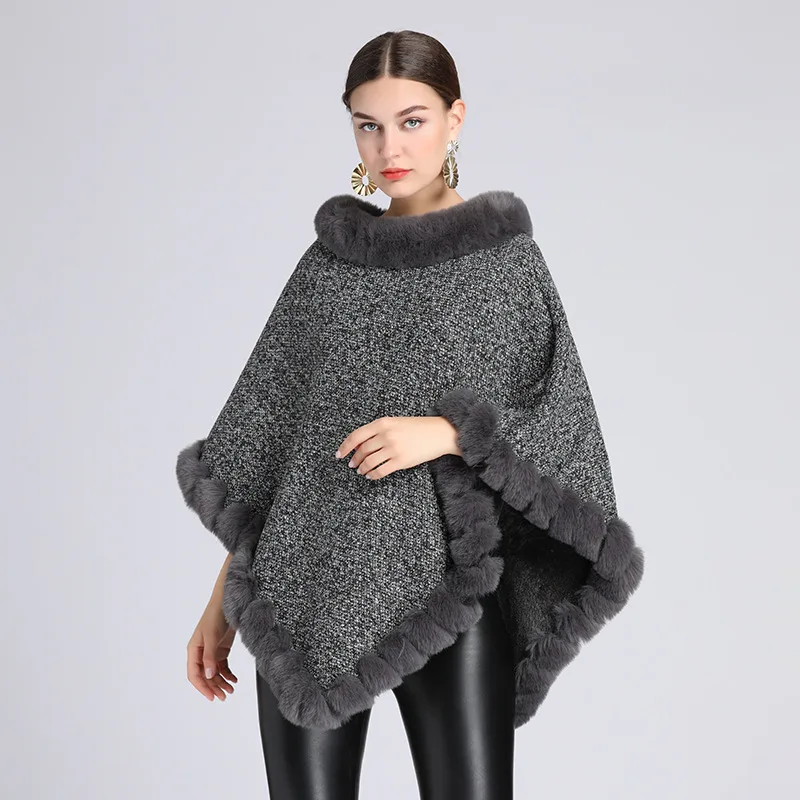 

Модная накидка-пончо ручной работы с волнистой отделкой из искусственного кроличьего меха, женская осенне-зимняя пуловер с утолщенной подкладкой, пальто, плащ