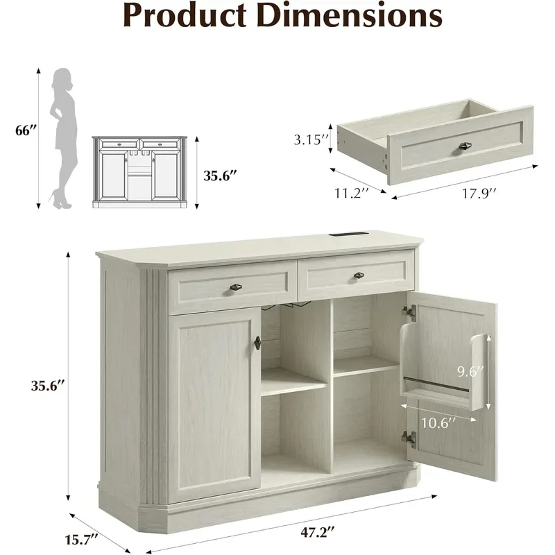 47 Wine Bar Cabinet with LED Light Power Outlets 2 Door Coffee Bar Cabinet with 2 Drawers Sideboard Buffet Cabinet with