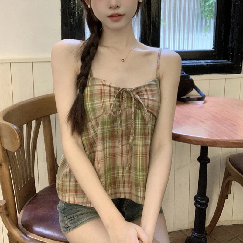 Women's Aesthetic 2K Summer Plaid Camisole Kawaii Sleeveless Low Cut Backless Lace Up Going Out Top