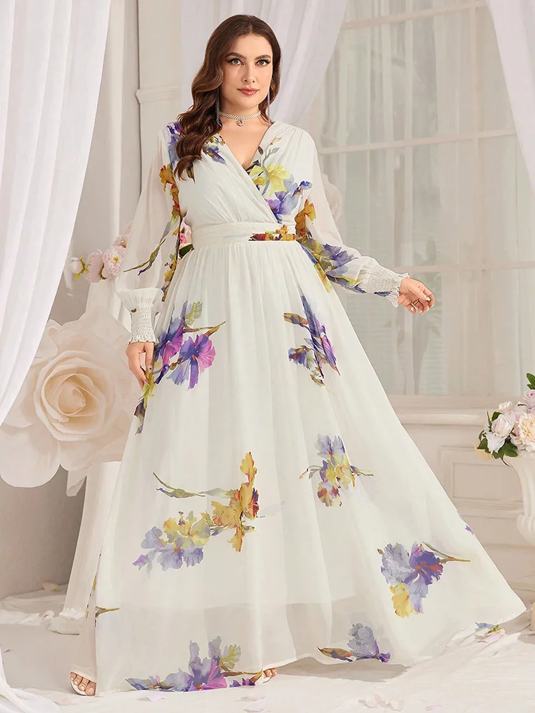 TOLEEN-Robe longue plissée à imprimé floral pour femmes, robes de vacances élégantes, col en V, grande taille, robe de soirée décontractée, été, nouveau, 2024