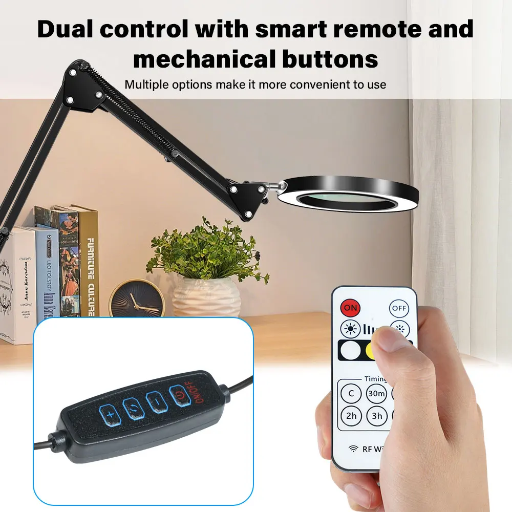 3-Segment Extra-long swing Magnifying Glass Lamp with 3 Color Adjust LED Lights Reading Table Lamp for Welding Repair Close Work