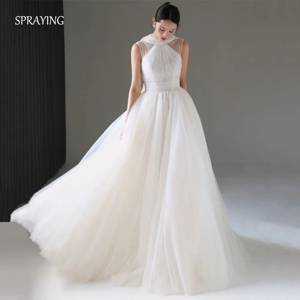 SPRAYING Elfenbeinfarbenes Tüll-A-Linien-langes Hochzeitskleid, Korea, Fotoshooting, O-Ausschnitt, ärmellose Brautkleider, Korsett, maßgeschneidert,  soi