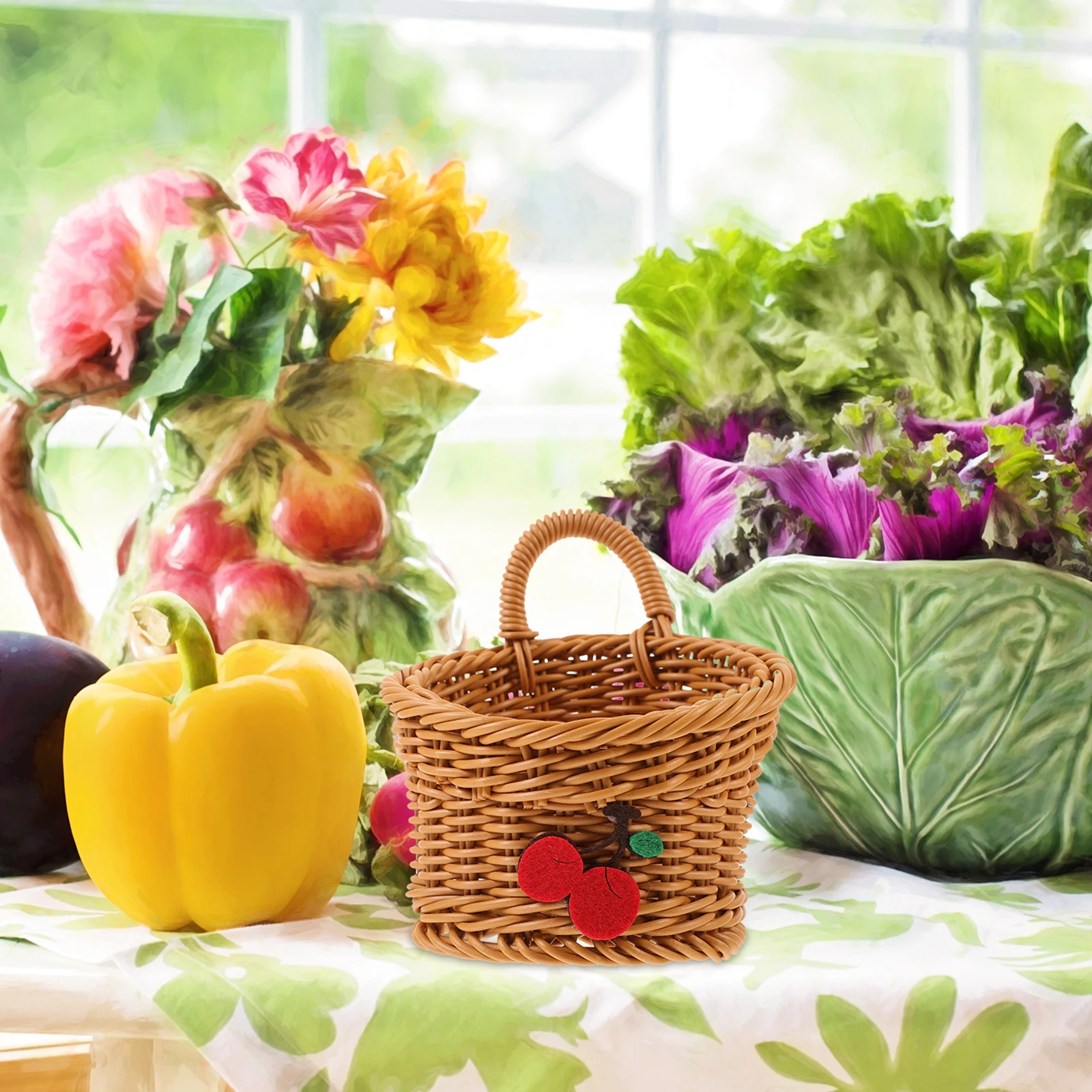 

Imitation Rattan Kitchen Storage Basket for Onion Ginger Garlic Brown Cherry Small Size Wall Hanging Fruits Veggies Display
