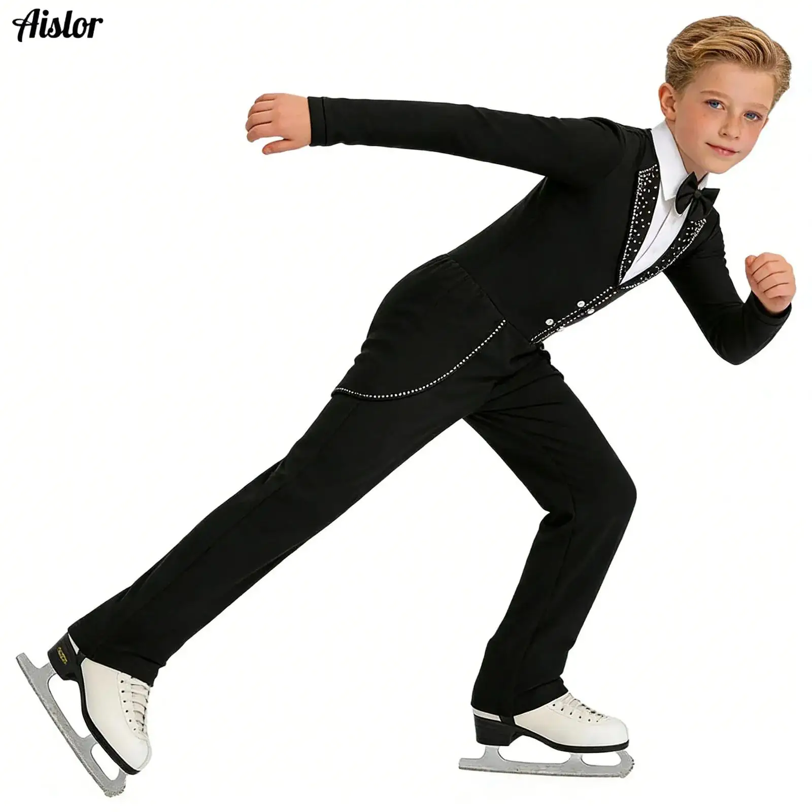 

Детский костюм для фигурного катания и танцев для мальчиков: комбинезон с галстуком-бабочкой, воротником и длинными рукавами, украшенный блестящими стразами, для выступлений и соревнований