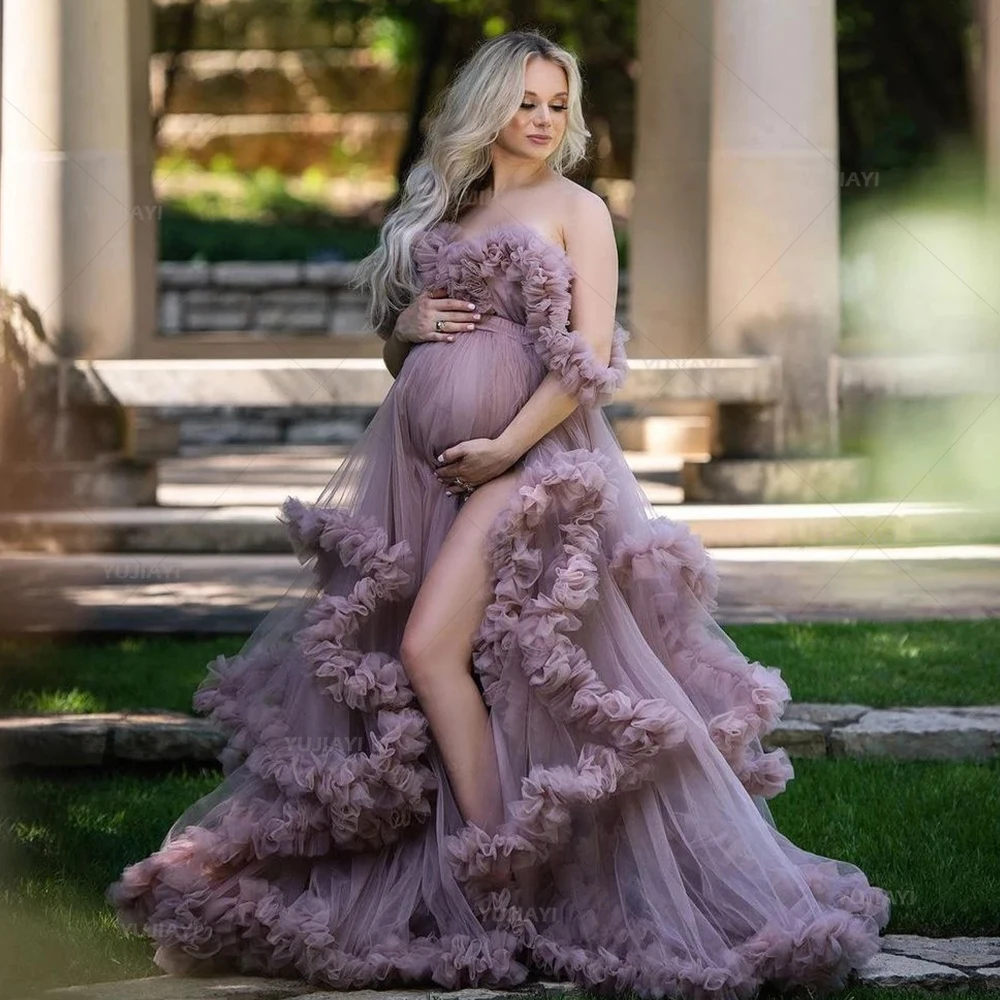 

Women Evening Maternity Dresses Tiered Ruffled Tulle Robe Pregnancy Gown for Photoshoot Boudoir Lingerie Bathrobe Nightgowns