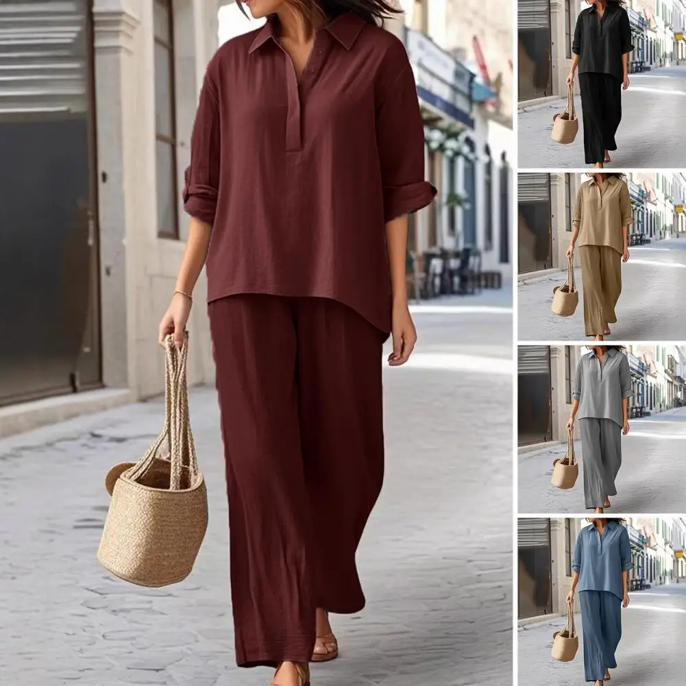 

Women Cotton Linen Two Piece Set Stylish Women's Cotton Linen 2 Piece Sets Lapel V Neck Top with Wide Leg Pants Summer for Women