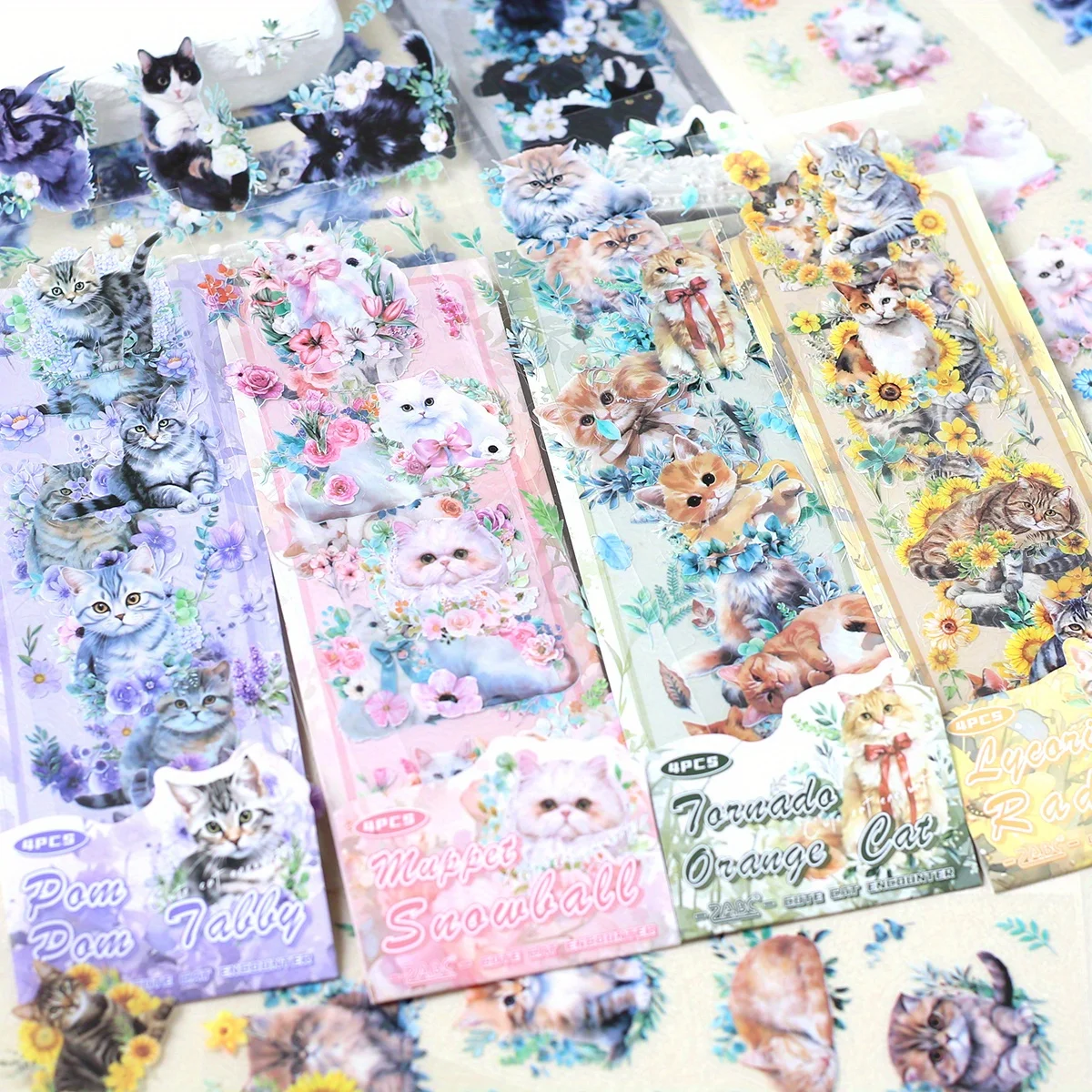 Journamm 4 Blatt PET süße Katzen Scrapbook-Aufkleber Tagebuch Collage Aufkleber für Scrapbooking Journaling Junk Journal Crafts