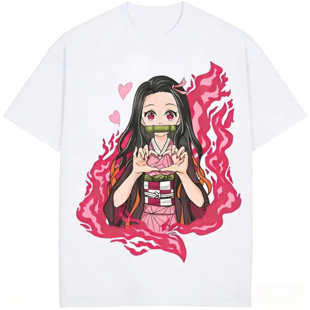 Demon Slayer Nezuko Kamado Anime T-Shirt, Niedliches Nezuko Herz-Hände-Print-Shirt, Kimetsu No Yaiba Grafik-Freizeitoberteil für Fans – Detail 5