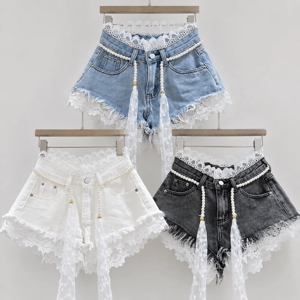 Sweet Crochet Lace Denim Shorts with Pearl Sashes Casual Jeans Shorts Lace Fringed Shorts Summer