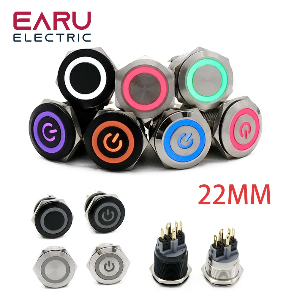 22mm Waterproof Metal Push Button Switch LED Light Black Momentary Latching Car Engine PC Power Switch 3V 5V 12V 24V 110V 220V